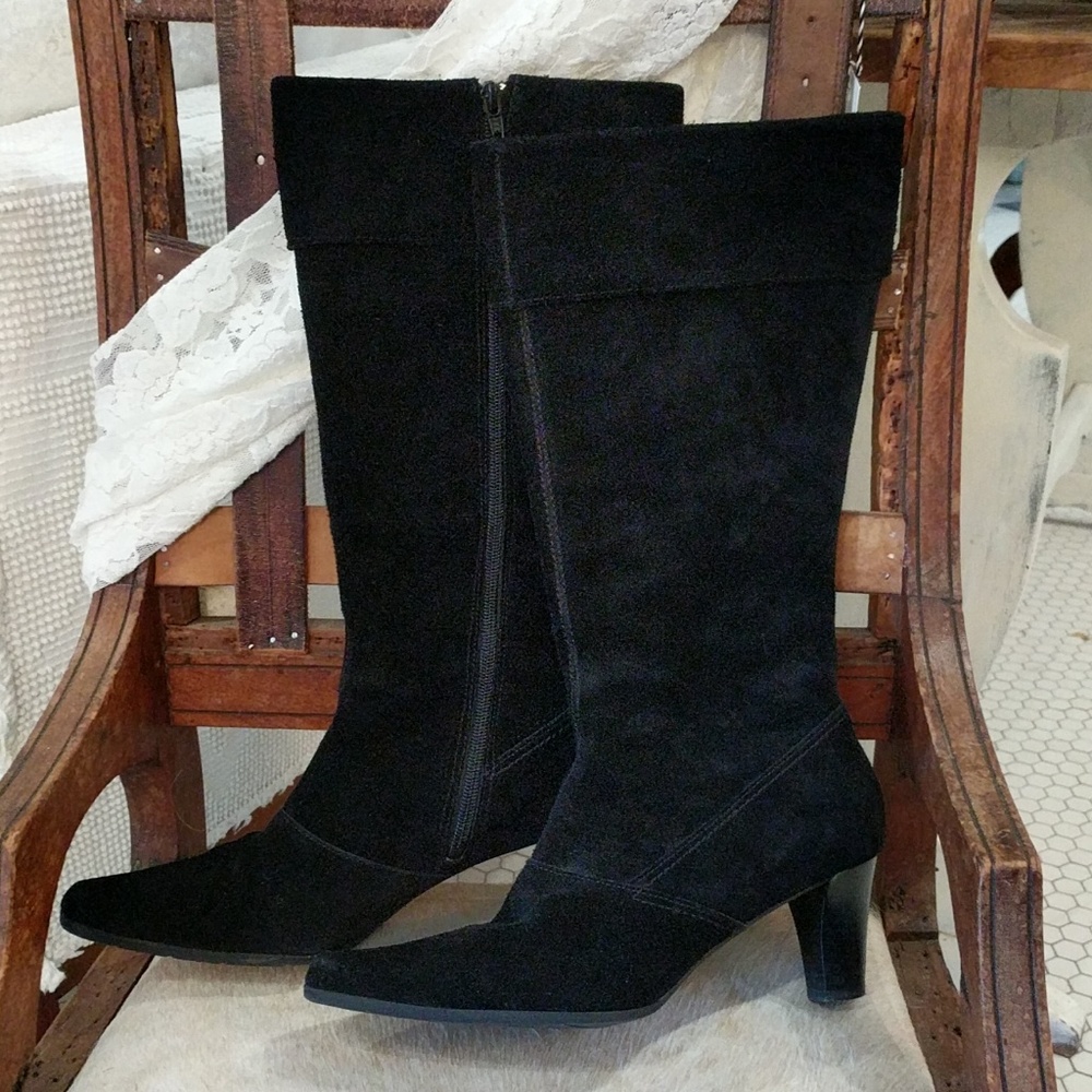 Black suede leather knee high boots
